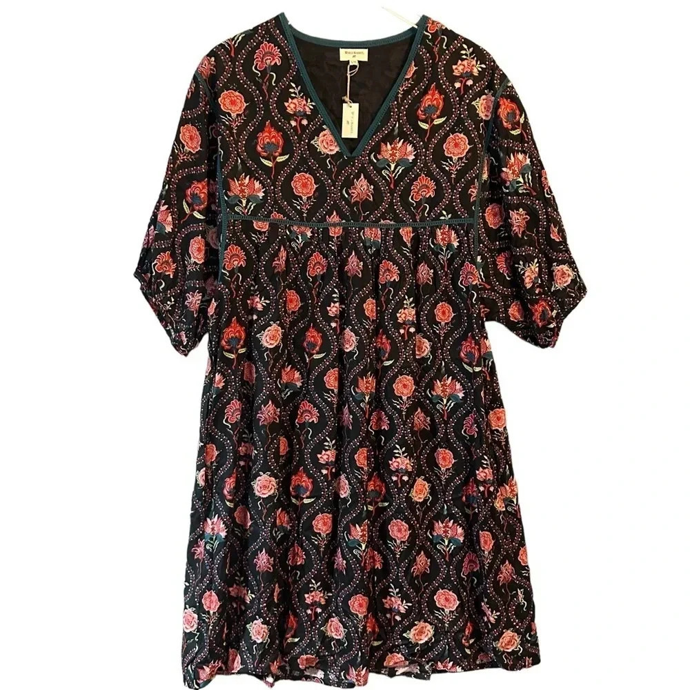 NWT World Market Peasant Dress Black Pink Floral Cottagecore Festival S-M